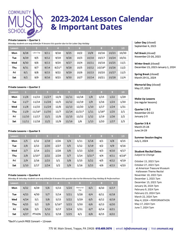 CMS Important Dates 2023-24 | CMS Music School